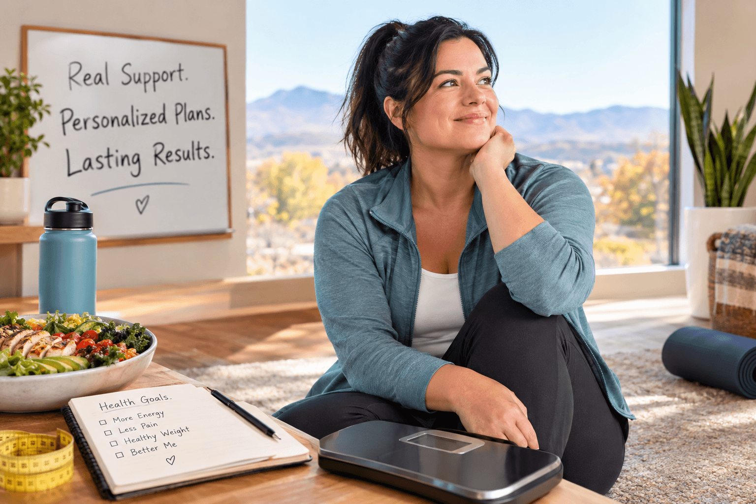 Woman at home with healthy food, a wellness journal, and a scale, reflecting personalized medical weight loss support in Fernley
