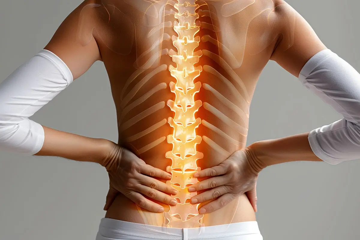 Person holding their lower back, with the spine highlighted to show how daily posture affects alignment