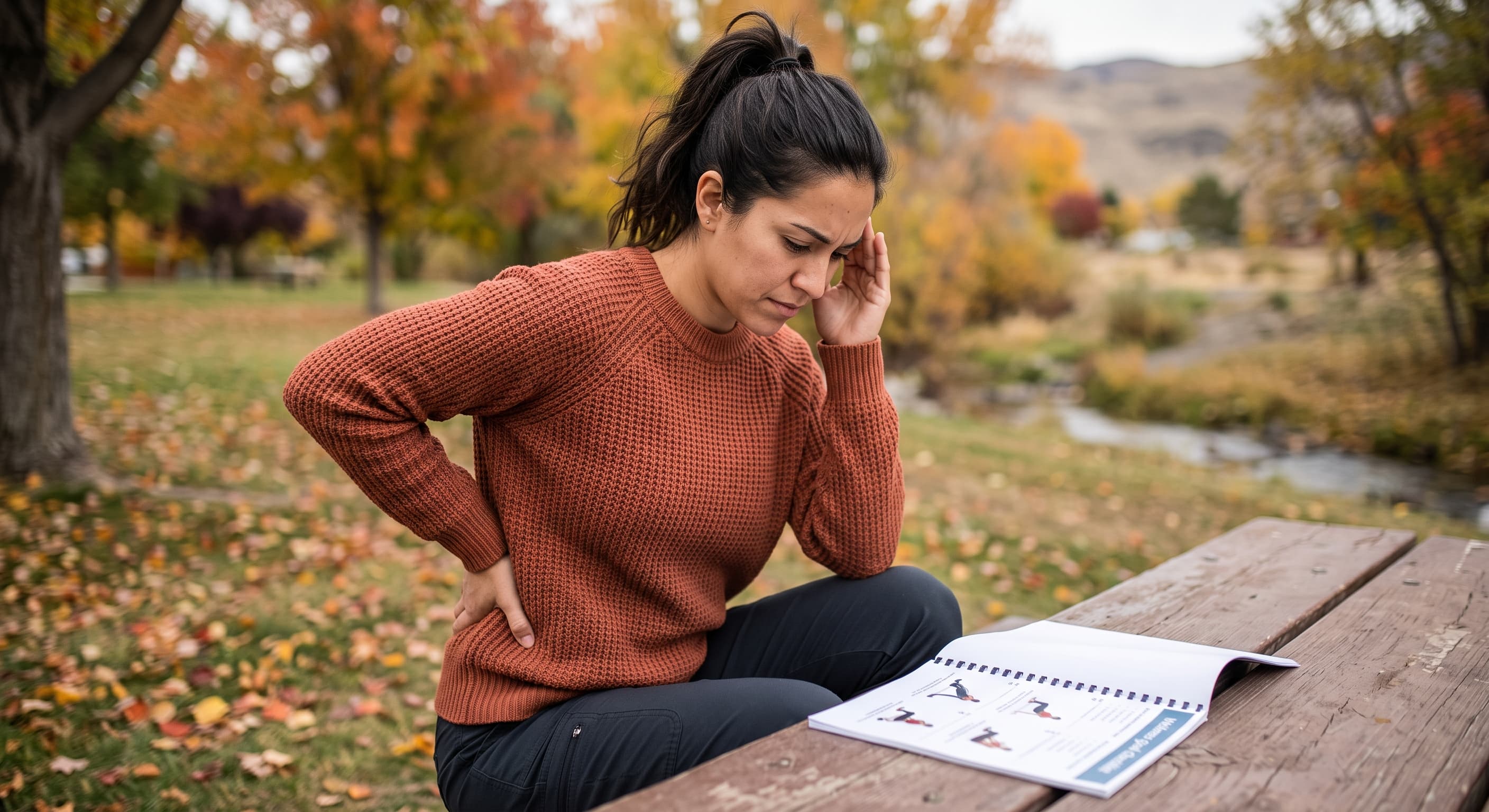Woman sitting at a picnic table in autumn, holding her lower back and temple while reviewing a wellness exercise guide